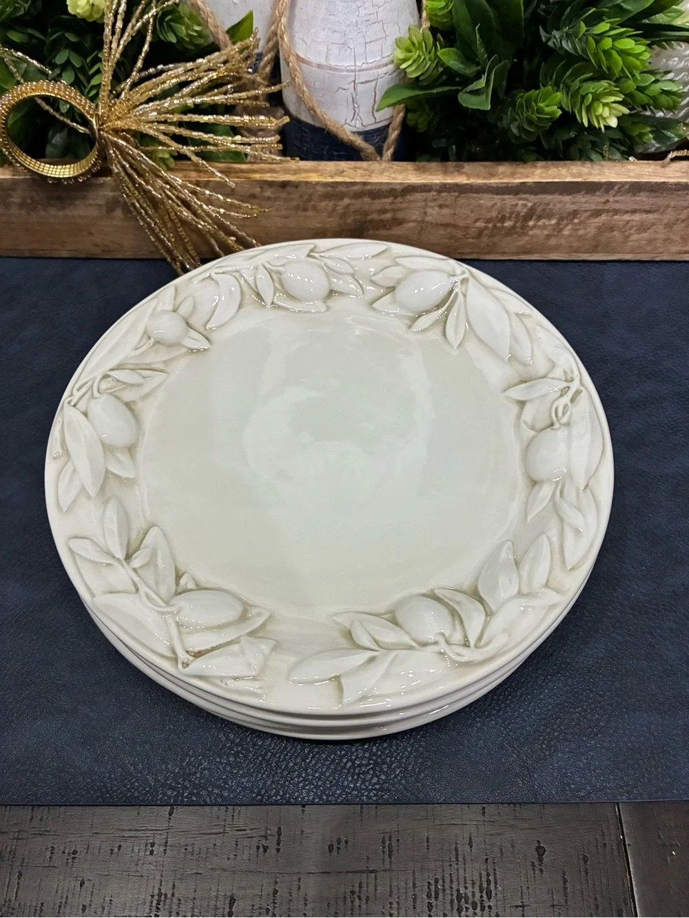 Williams Sonoma Tuscan Olive Cream Ceramic Salad Plates - Set of 4